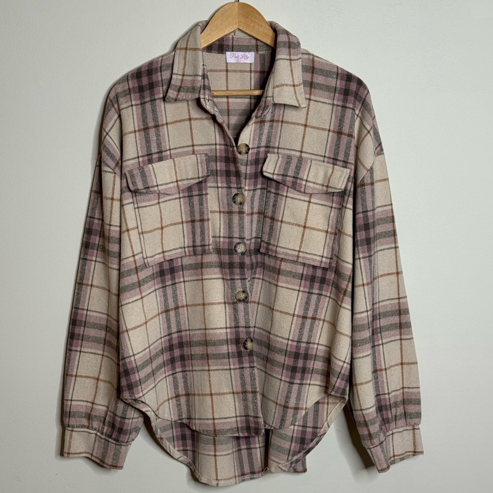 Pink Lily Cream and Mauve Plaid Button-Front Shacket
